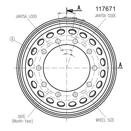 11.75 X 22.5 Jantsa Scheibenrad Nr:117671 S=12 mm 10/335/281/ET0/A3 27V-1 silber 130 km/h