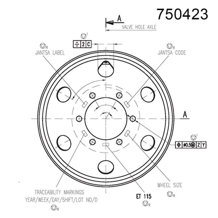 7.50 x 19.5 Jantsa Scheibenrad Zg.Nr. 750423  6/205/161/ET+115/21zyl
